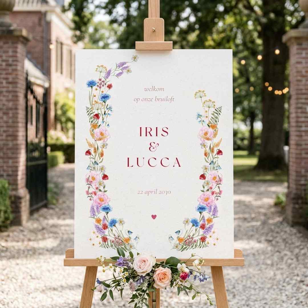 Welkomstbord met kleurrijke bloemen rood blauw