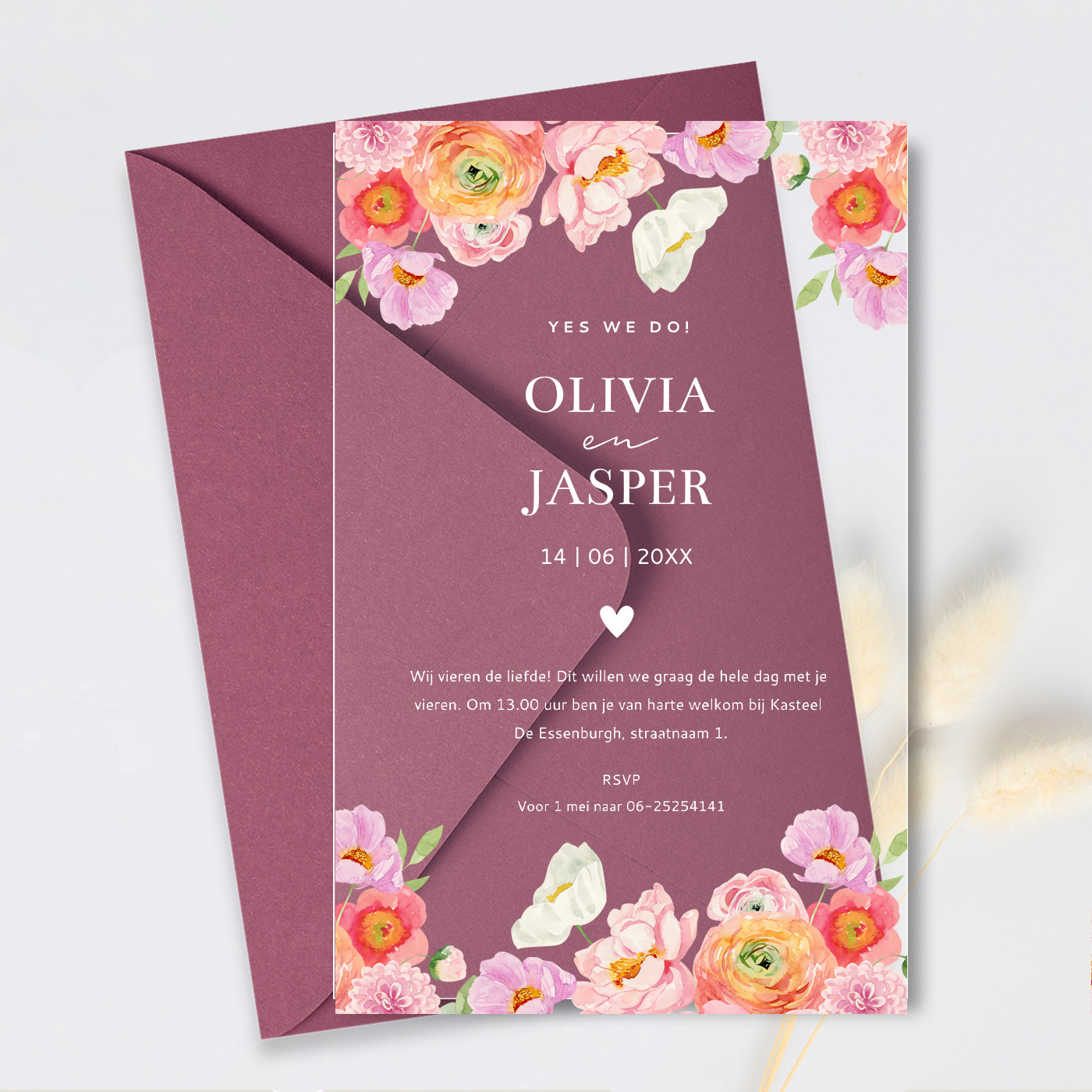 Acryl trouwkaart roze gekleurde bloemen