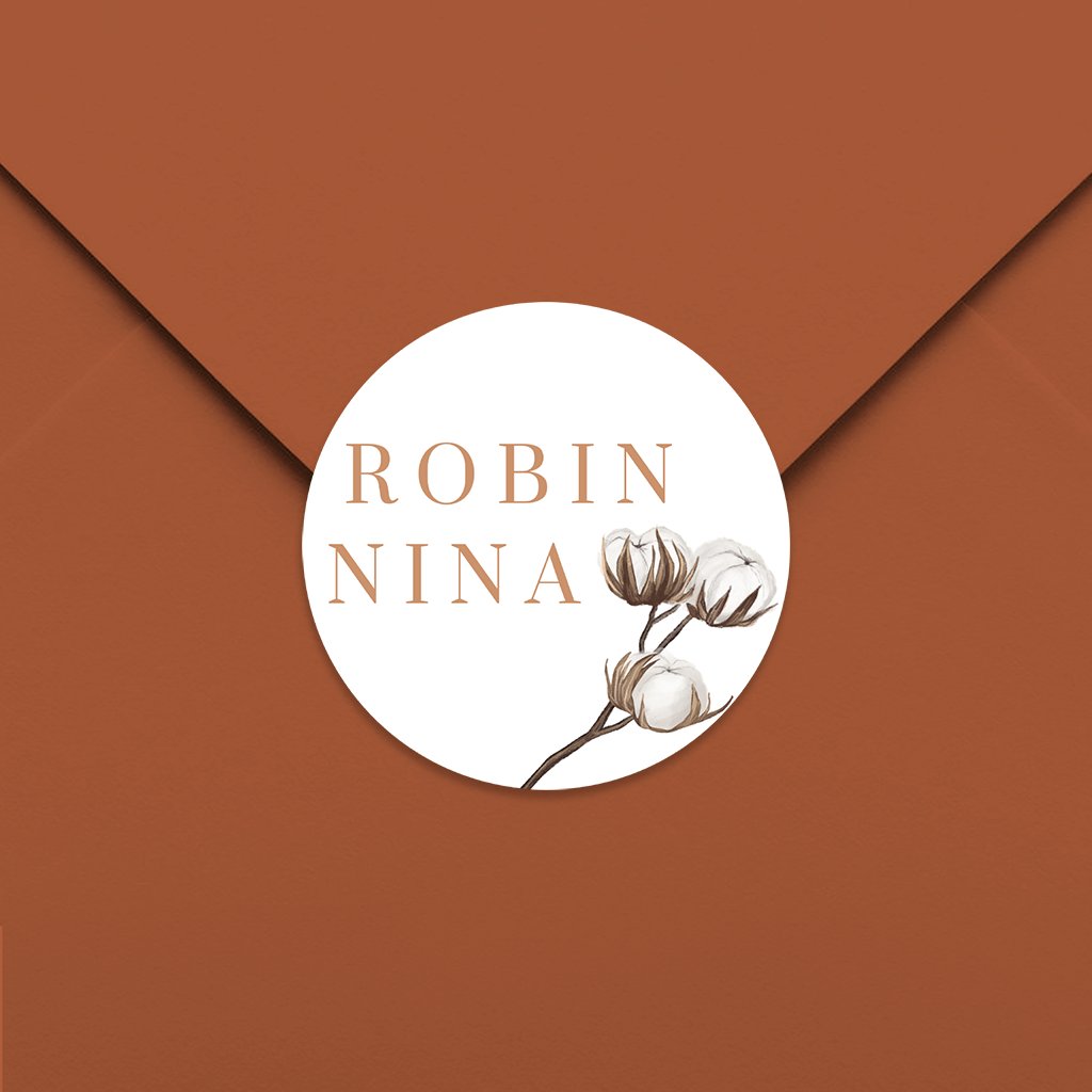 Danksagungsaufkleber mit Namen das Paares und Baumwollblüten