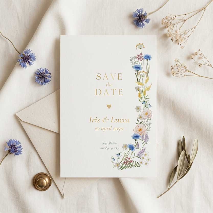 Kleurrijke Save the Date kaart met bloemenrand in goud en blauw