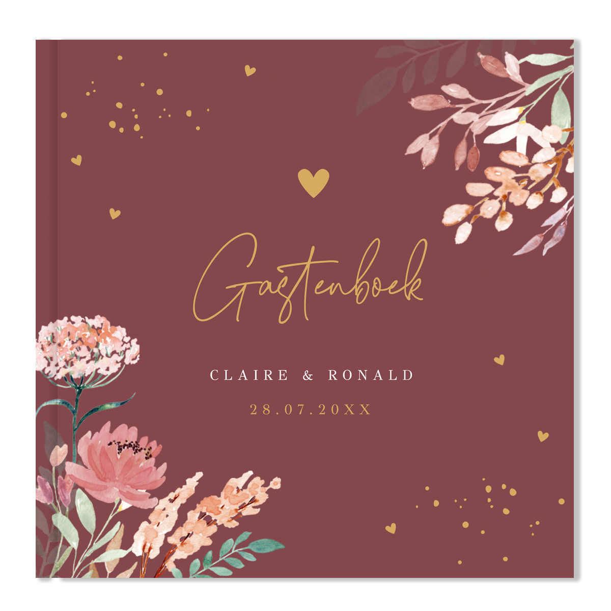 Gastenboek huwelijk watercolour bloemen roze plum