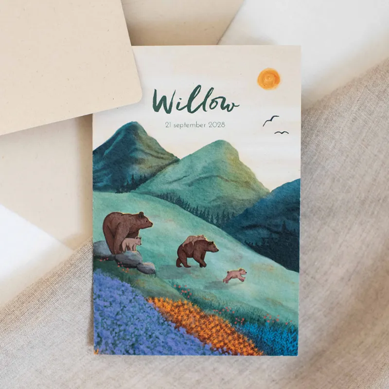 Geboortekaartje beren familie bloemen bergen