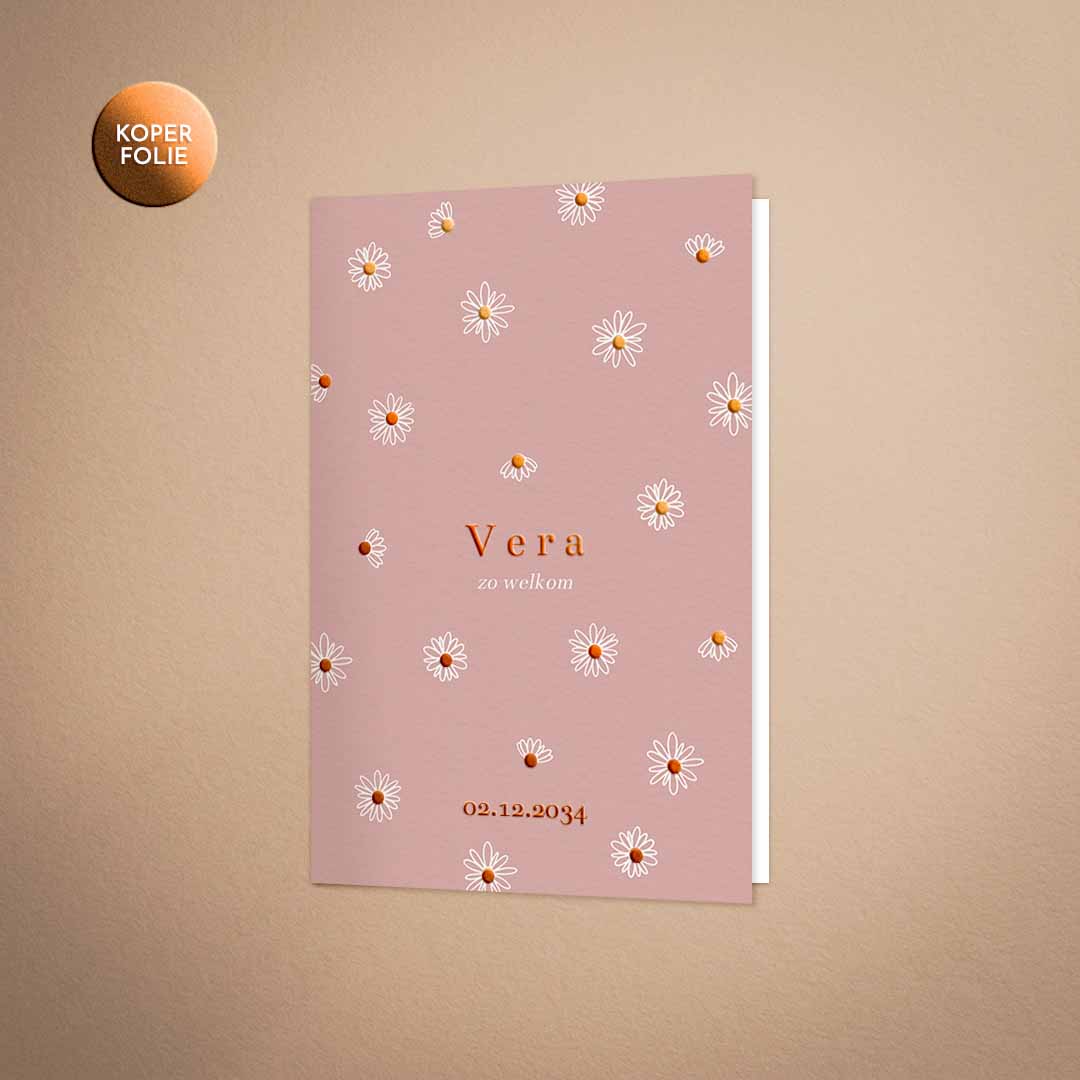 Lief geboortekaartje met madeliefjes en koperfolie