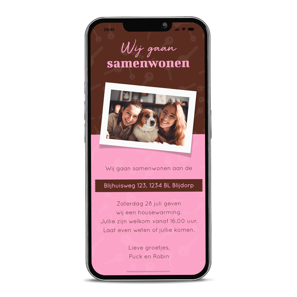 Digitale uitnodiging samenwonen met sleutels en eigen foto