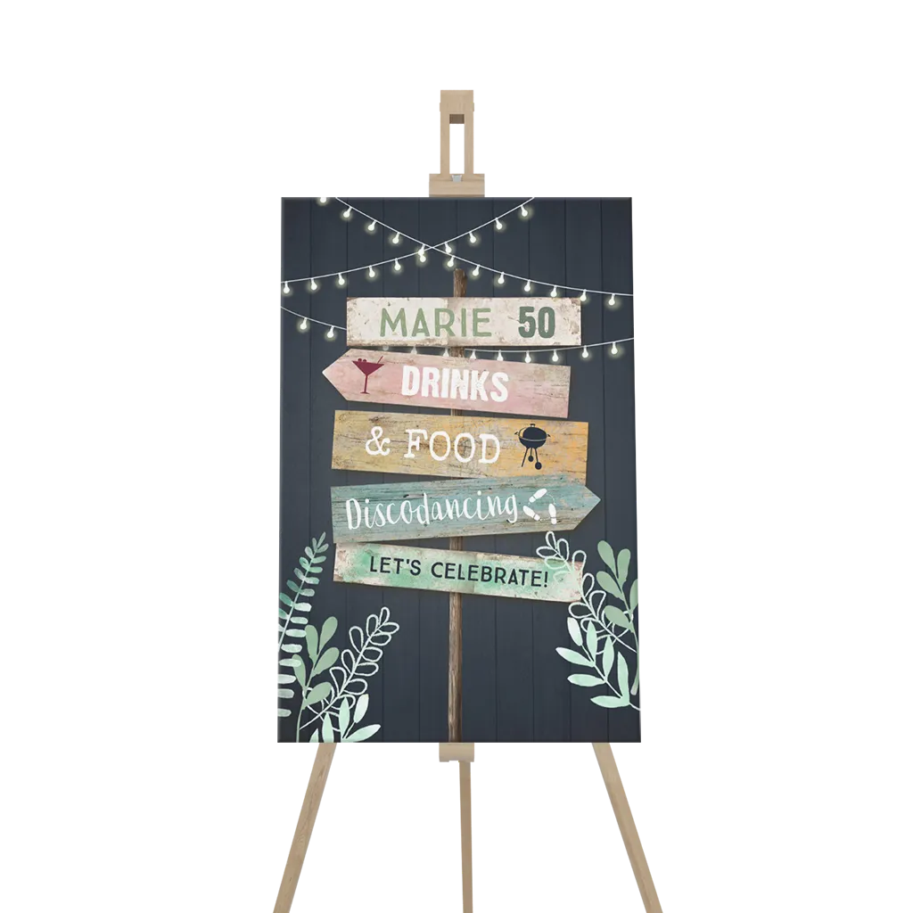 Willkommensschild zum 50 Geburtstag mit Wegweiser