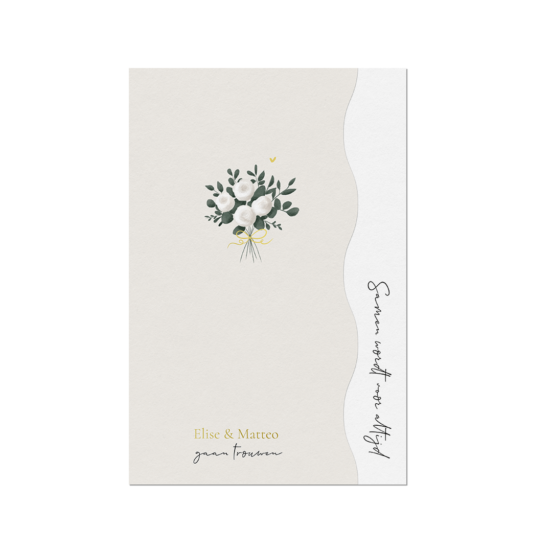 Trouwkaart met boeket | Golfvorm & goudfolie