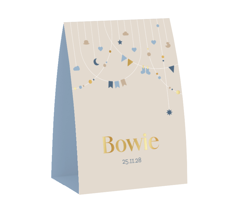 tent geboortekaartje Bowie met slingers en folie