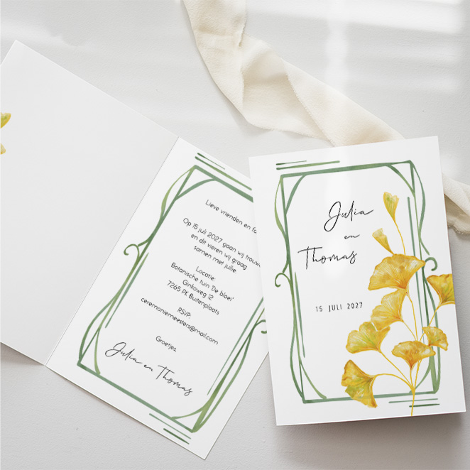 Trouwkaart art deco vorm met ginkgo tak