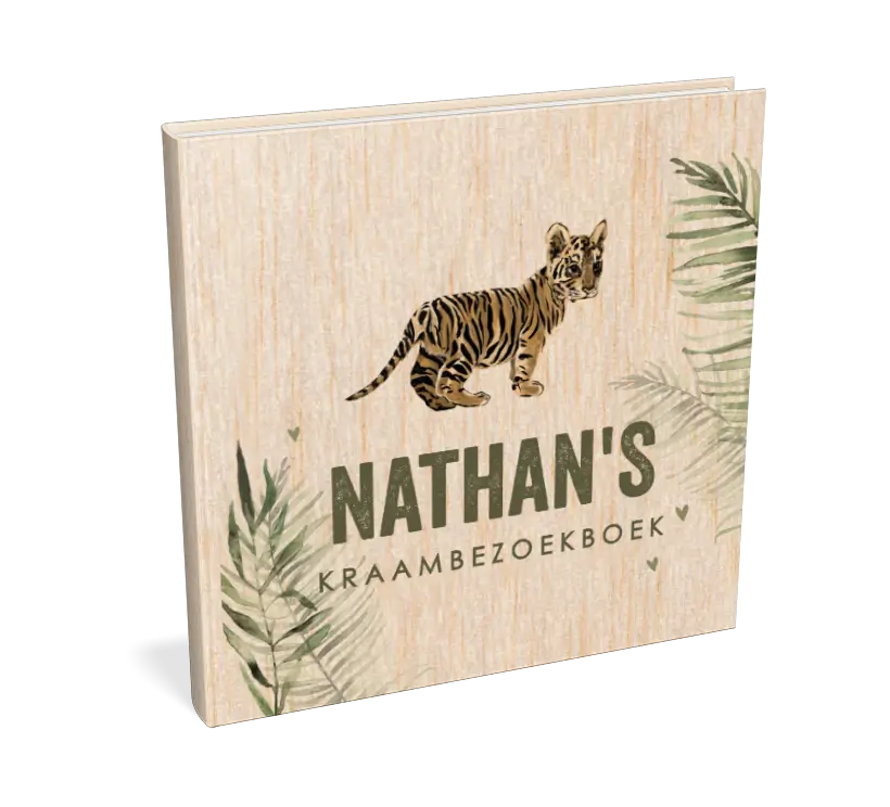 Stoer kraambezoekboek met tijger tussen palmbladeren - met invulpagina's