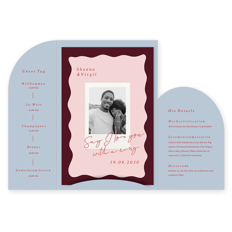 Hochzeitseinladung in Bordeaux und Rosa mit Foto und gewelltem Rahmen (teil 2/2)*