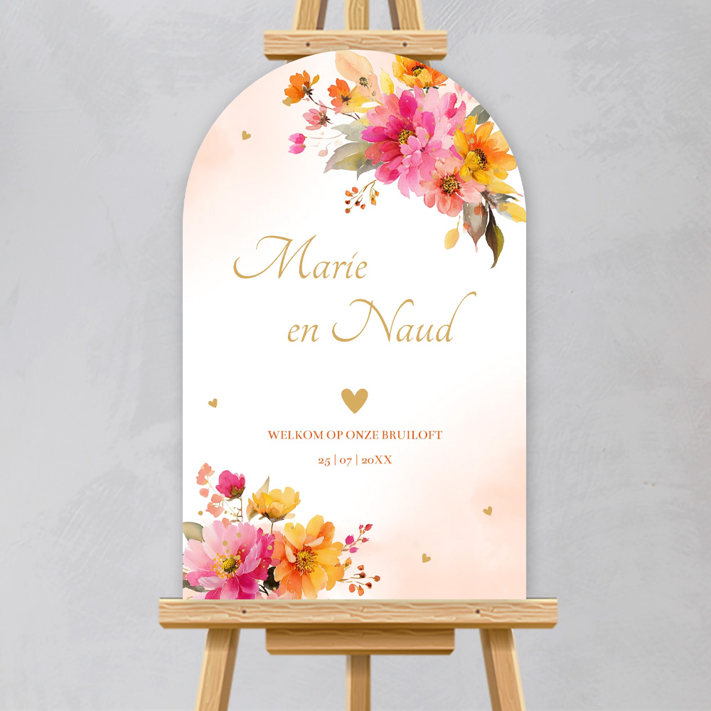 Welkomstbord bruiloft kleurrijke bloemen pink orange boog vorm