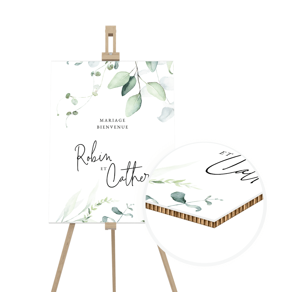 Panneau de bienvenue avec une écriture élégante et feuilles eucalyptus