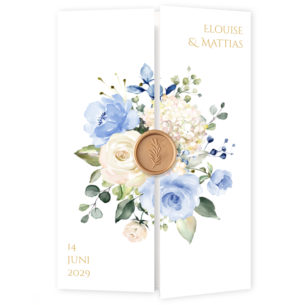 Romantische drieluik trouwkaart met bloemen blauw