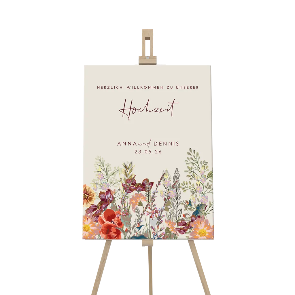 Willkommensschild Re-Board Karton mit farbenfrohen Feldblumen