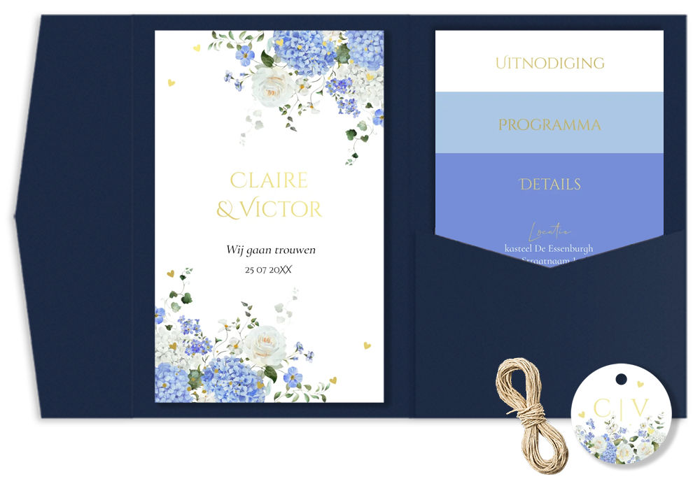 Pocketfold trouwkaart bloemen blauw landelijk hortensia goudfolie