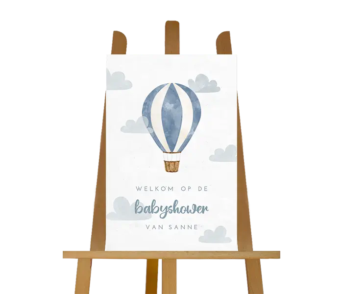 Welkomstbord babyshower met luchtballon en wolkjes