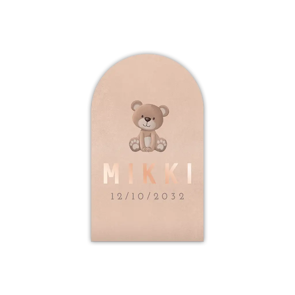 Boogkaartje roze met beertje en roségoudfolie