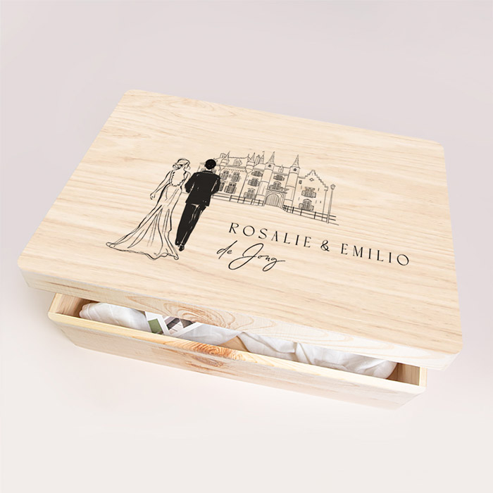 Memorybox bruiloft zwart wit met inkttekening van bruidspaar