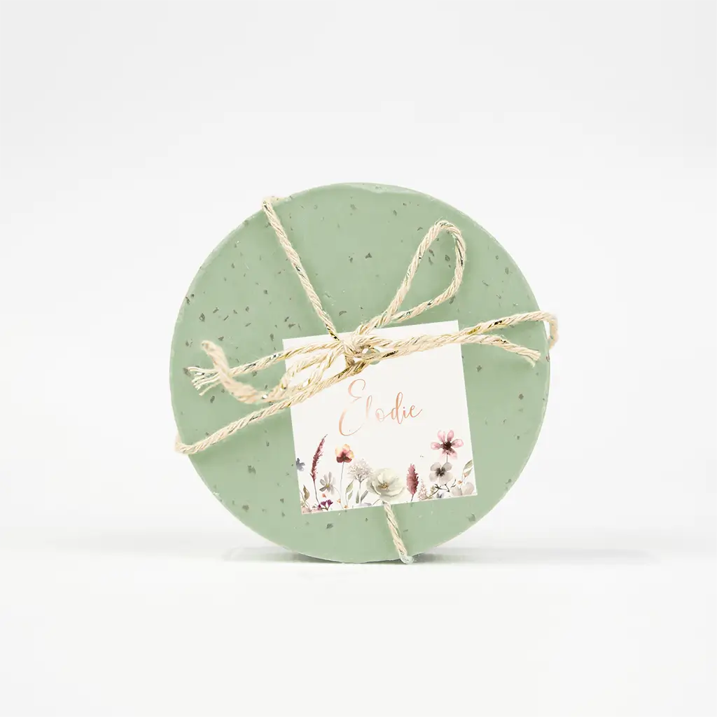 Label vierkant met bloemen en naam in roségoudfolie - per 16 stuks