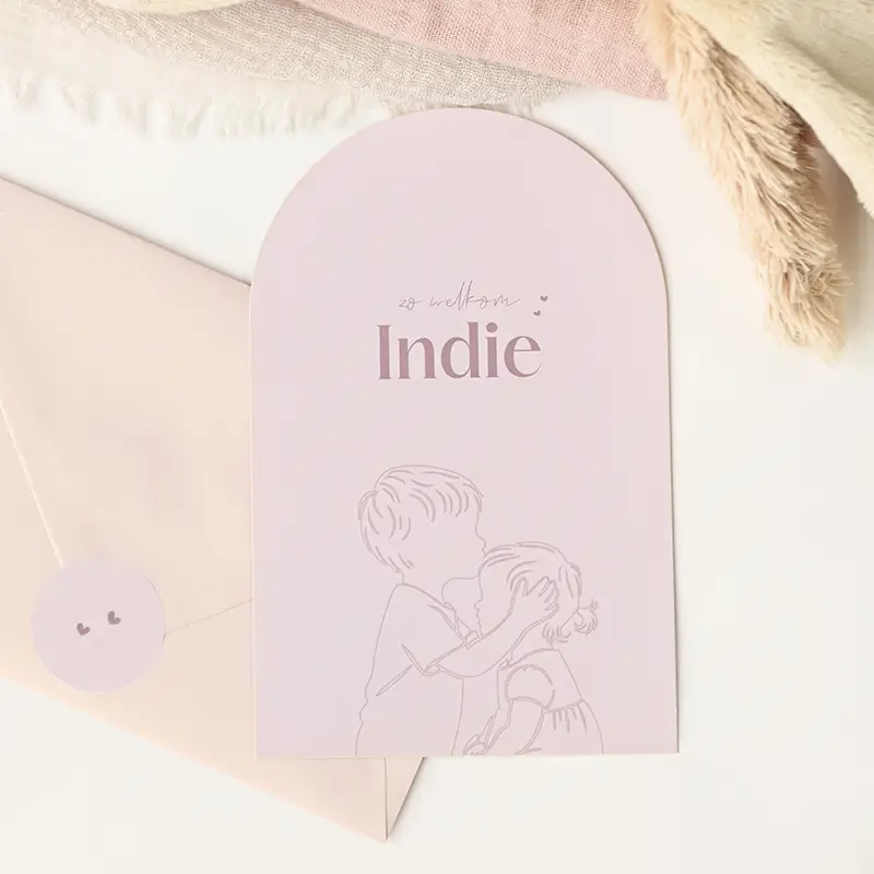 Arch geboortekaartje paars met lijntekening zusje