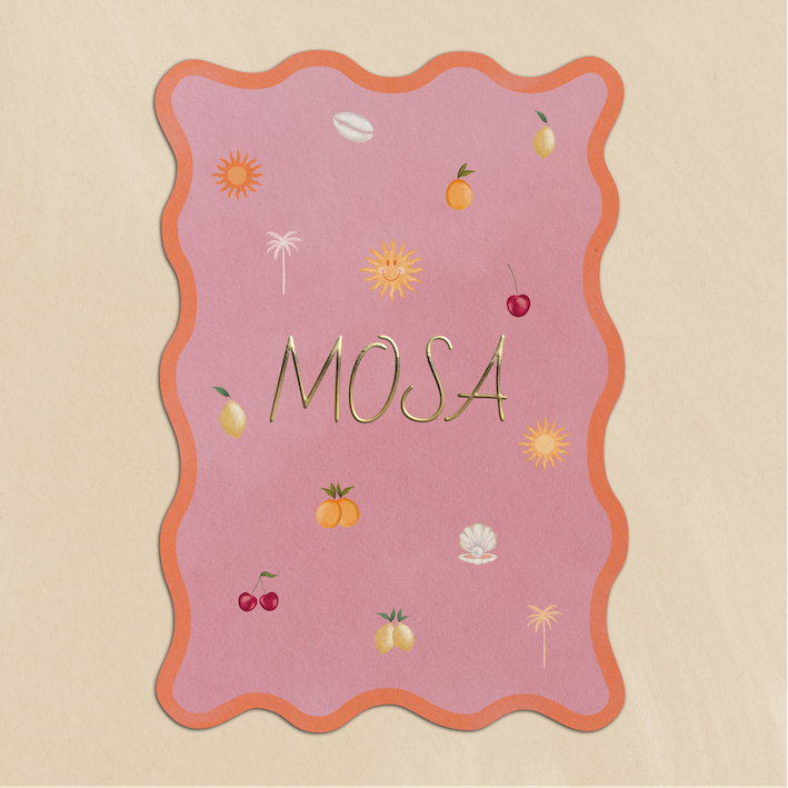 Zomers Geboortekaartje Golfvorm Zon Palmboom Fruit Schelp Roze Oranje