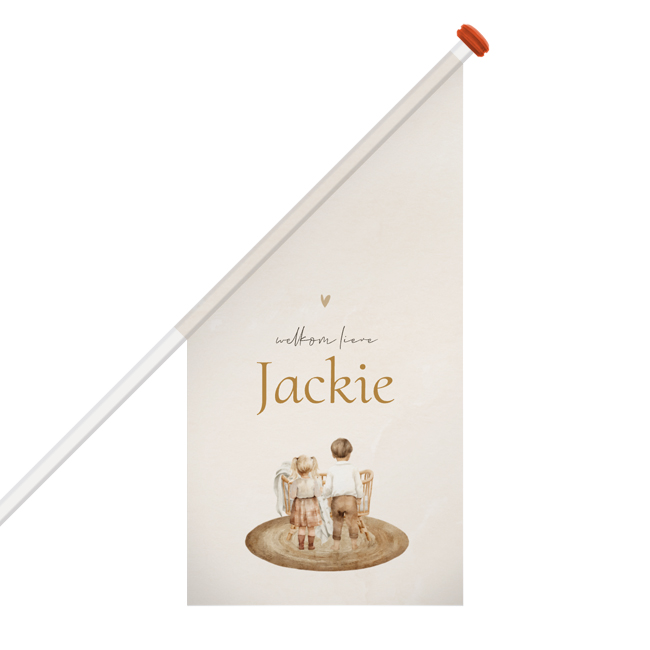 Unisex geboortevlag met grote broer en grote zus bij een wiegje