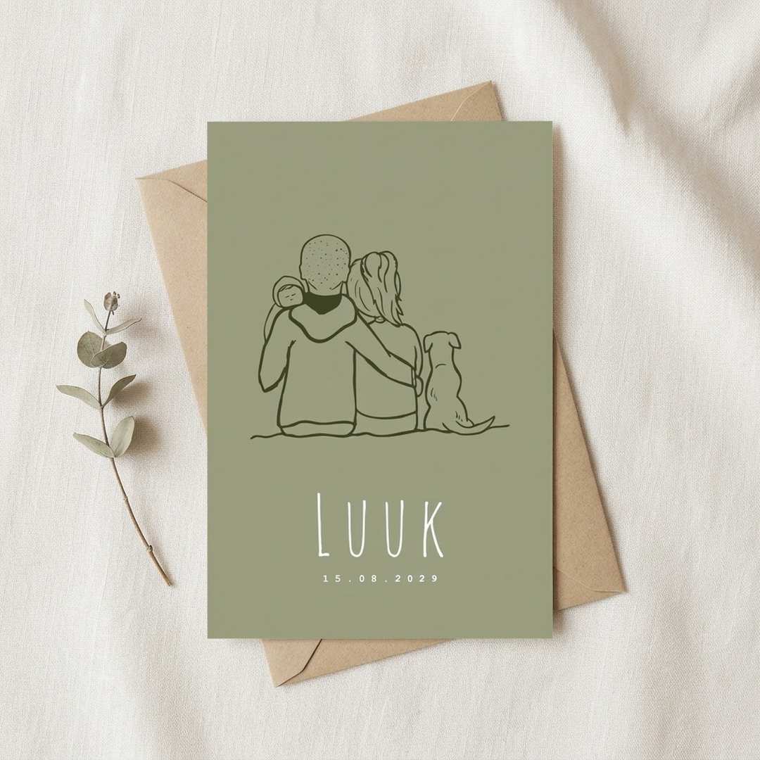 Geboortekaartje lijntekening jongen gezin hond Jack Russell