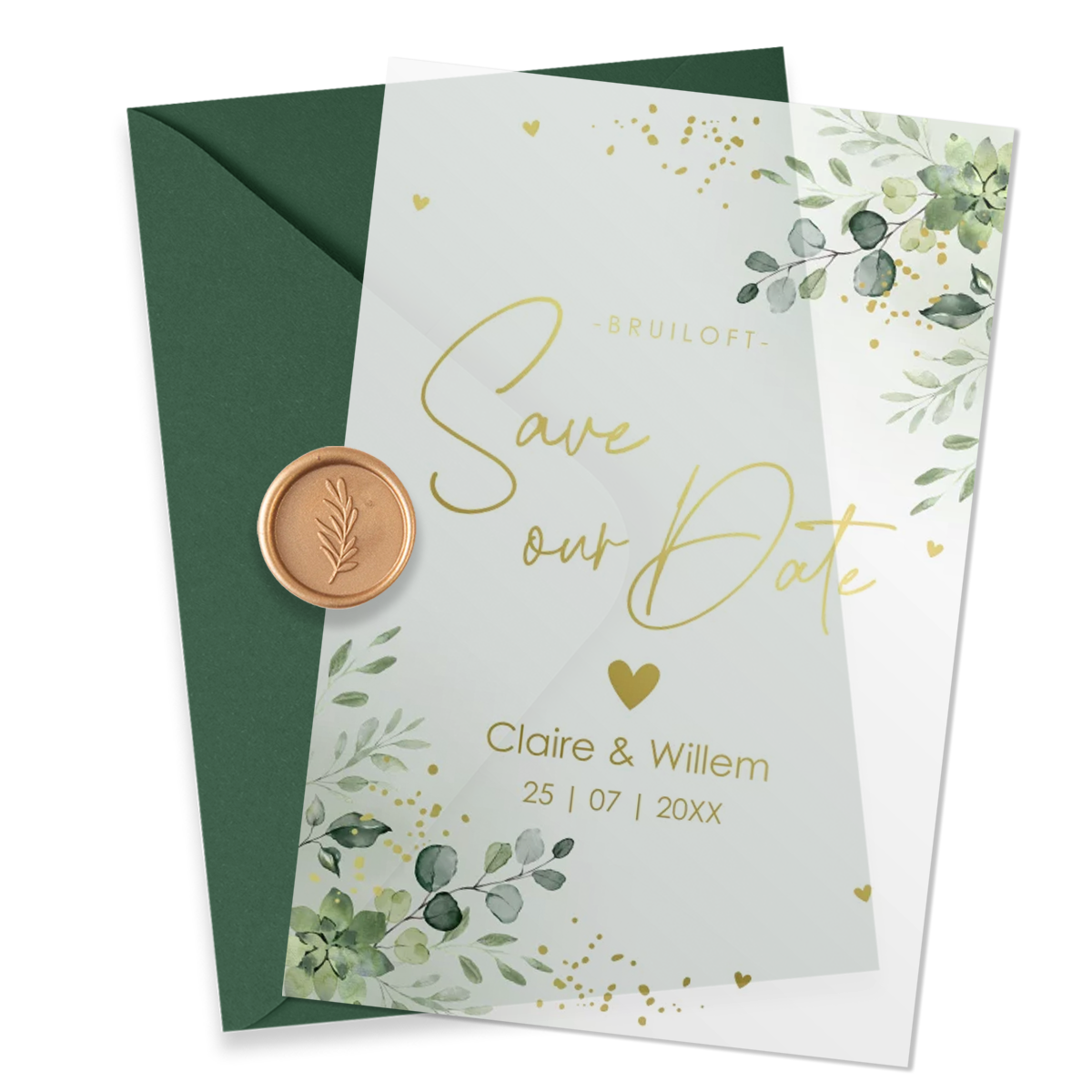 Save the Date kalkpapier botanisch groen goudfolie