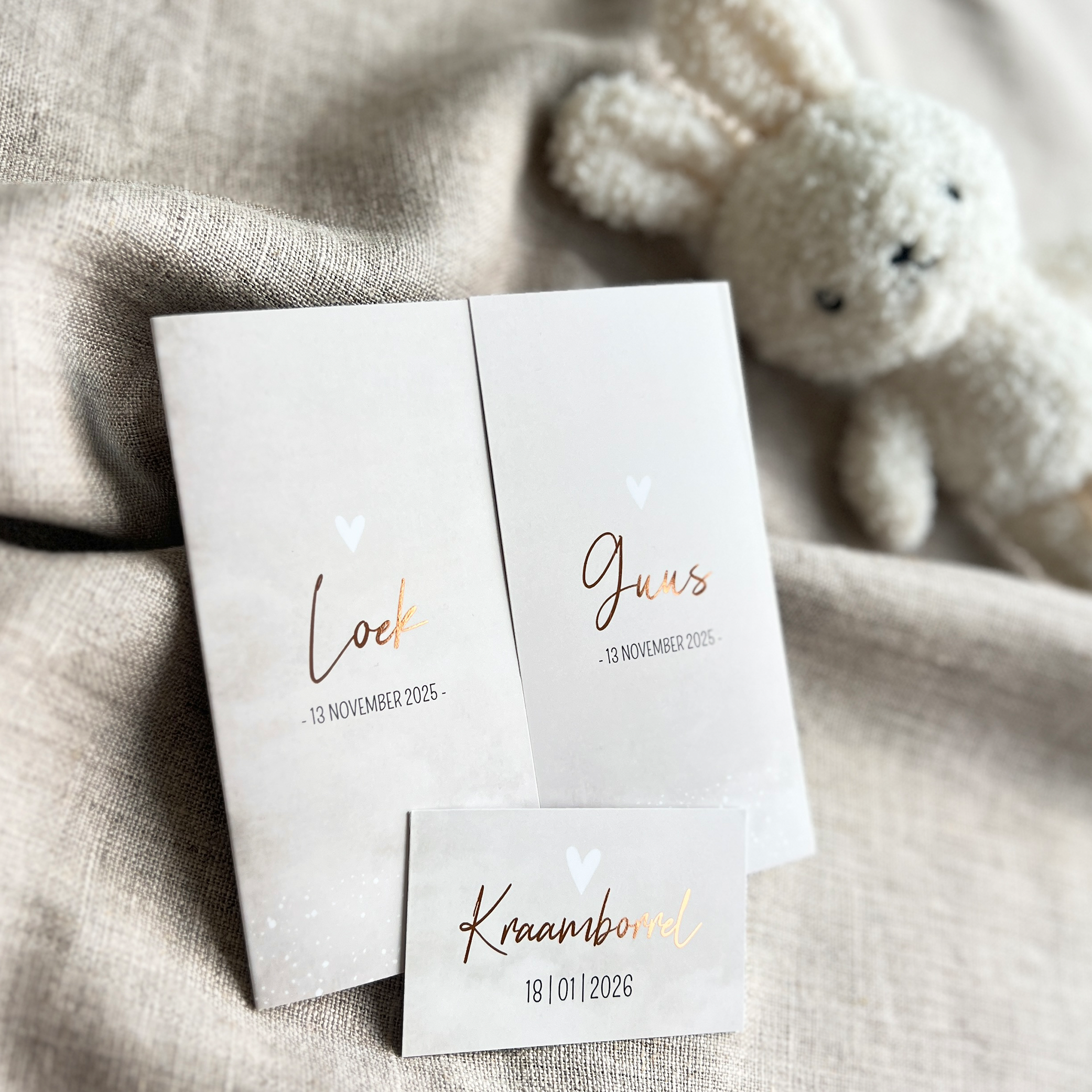 Geboortekaartje Tweeling Luikkaartje Beige Koperfolie