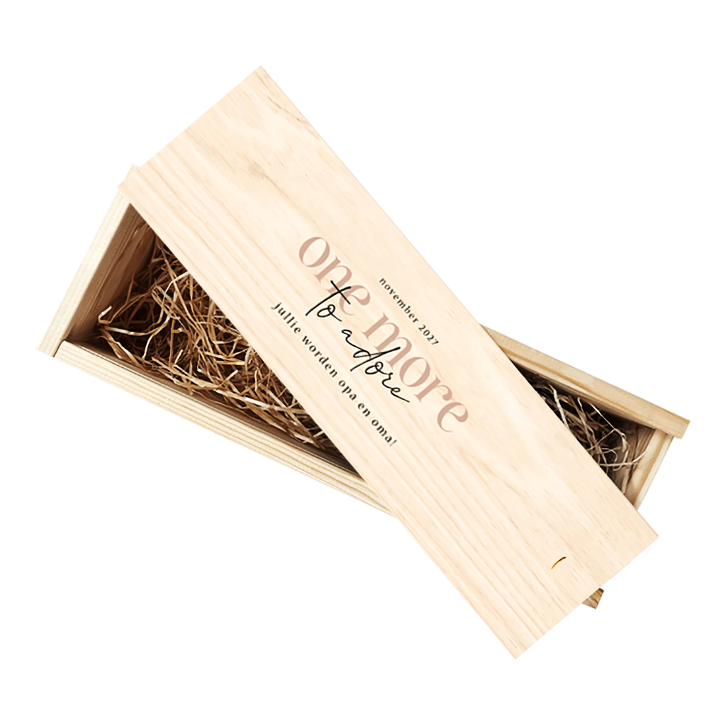 Wijnkist zwangerschapsaankondiging typografisch