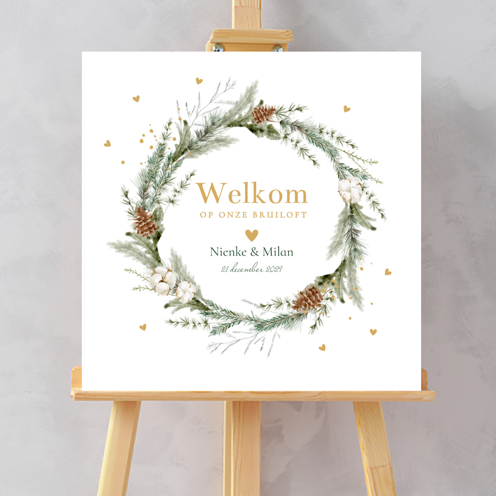 Welkomstbord bruiloft wit kerstkrans groen