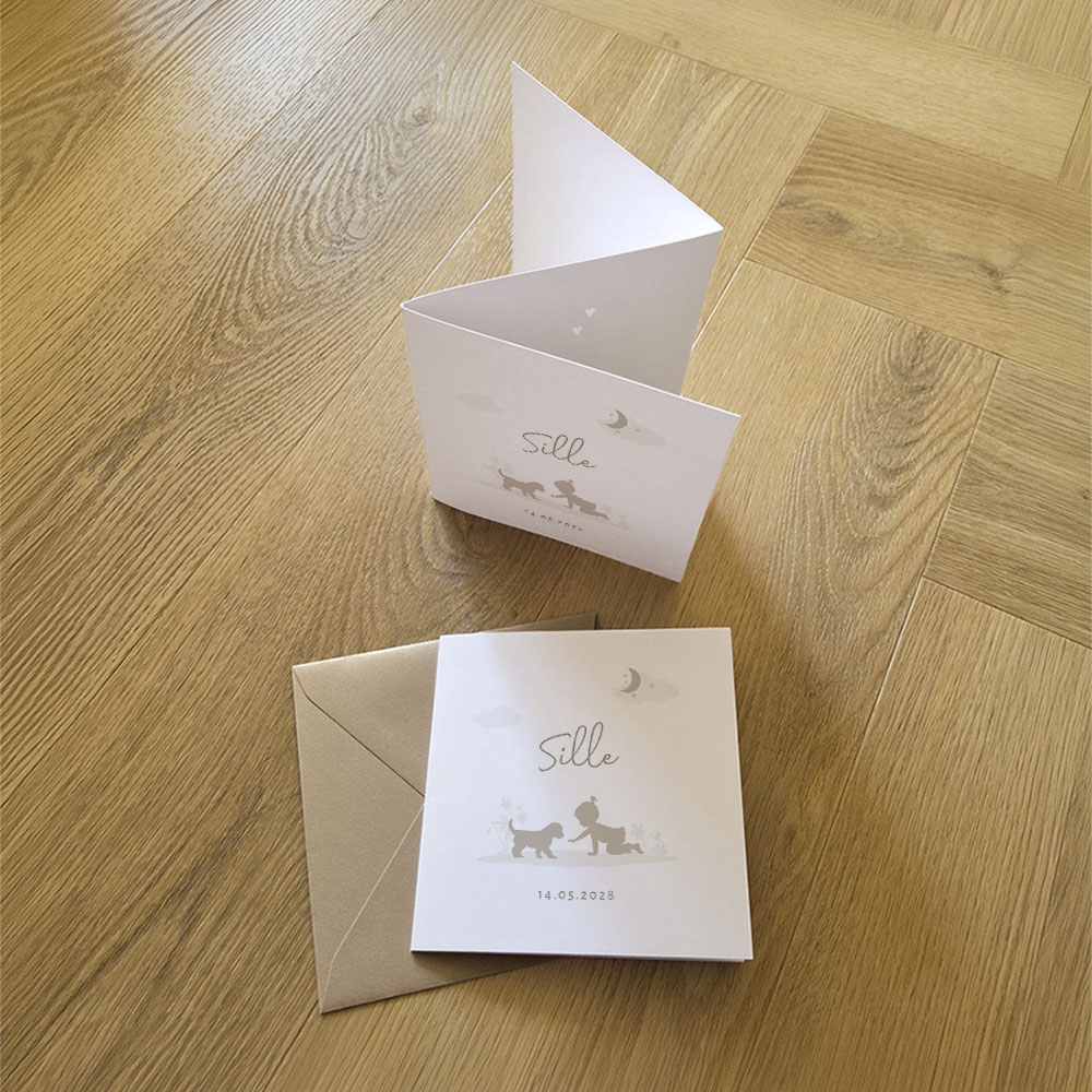 Zigzag geboortekaartje meisje met silhouet en hond