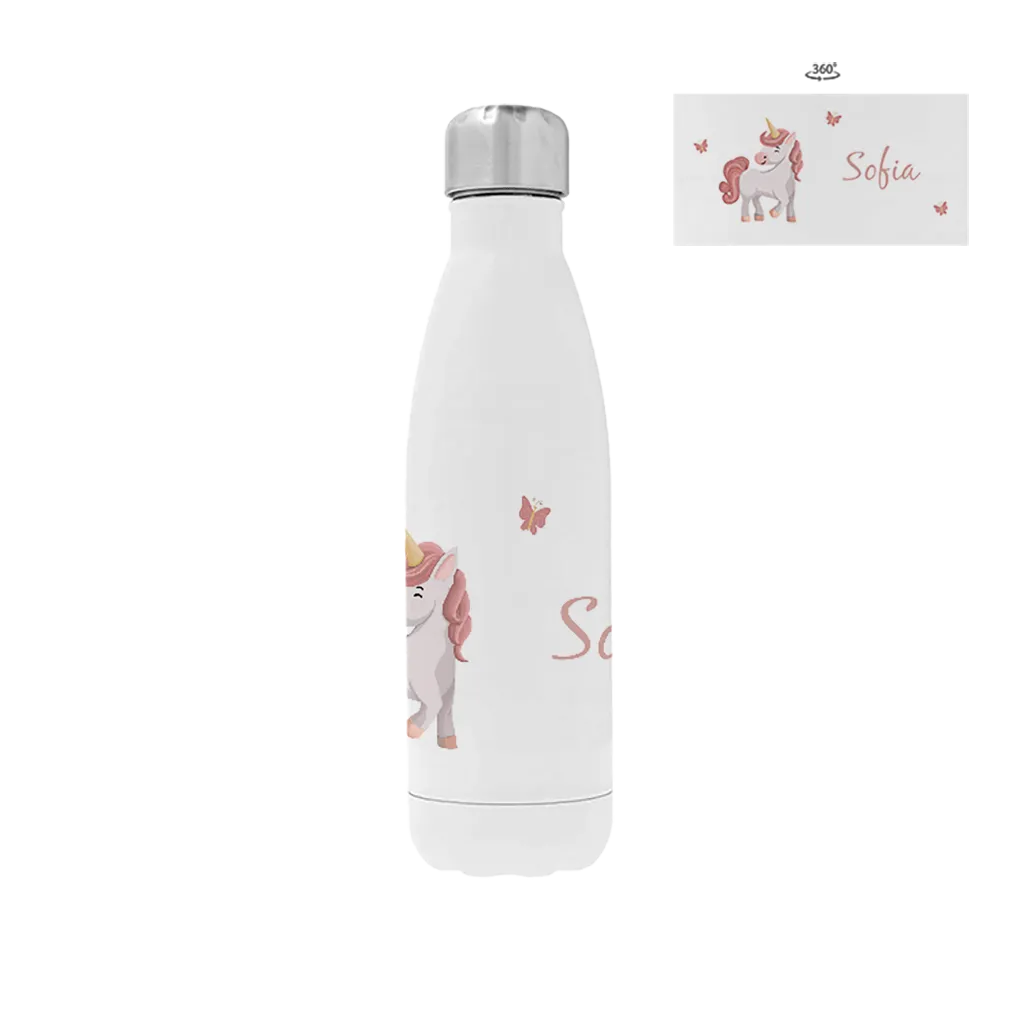 Edelstahl-Trinkflasche mit niedlichem Einhorn und Schmetterlingen