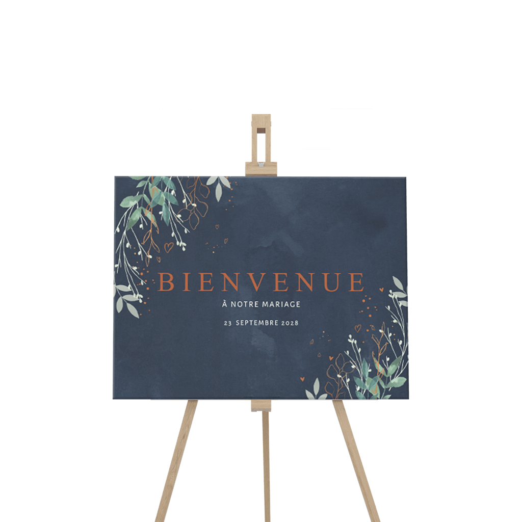 Panneau de bienvenue bleu foncé avec de jolies feuilles