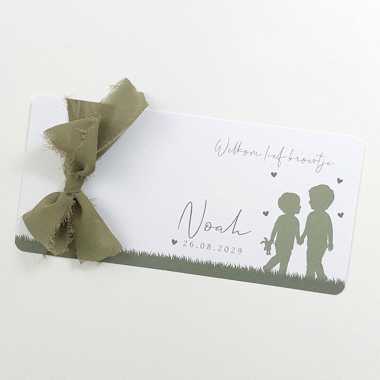 Geboortekaartje silhouet grote broer met broertje en groene strik