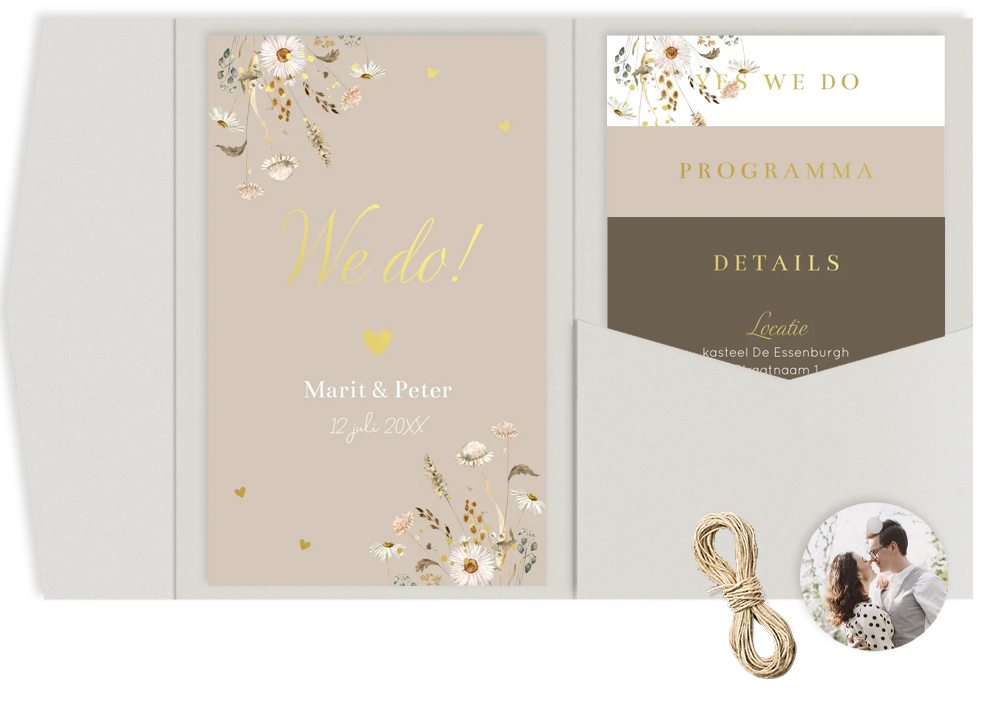 Pocketfold set trouwkaart beige veldbloemen goudfolie
