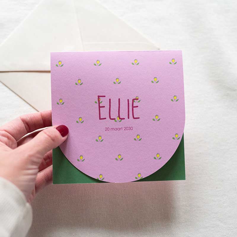 Geboortekaartje kleurrijk roze gele bloemen