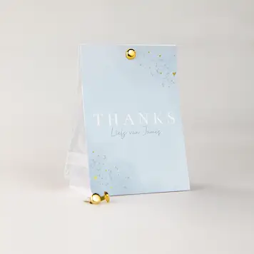 Doopsuiker tentkaartje met lichtblauwe watercolour en goudfolie