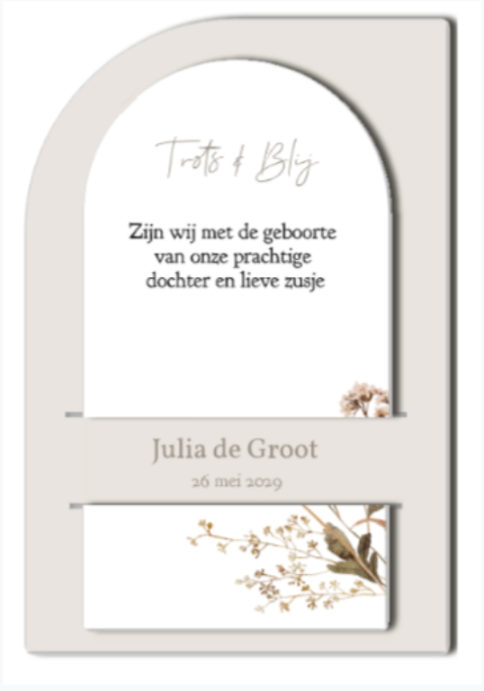 Geboortekaartje insteek nude met droogbloemen en foto