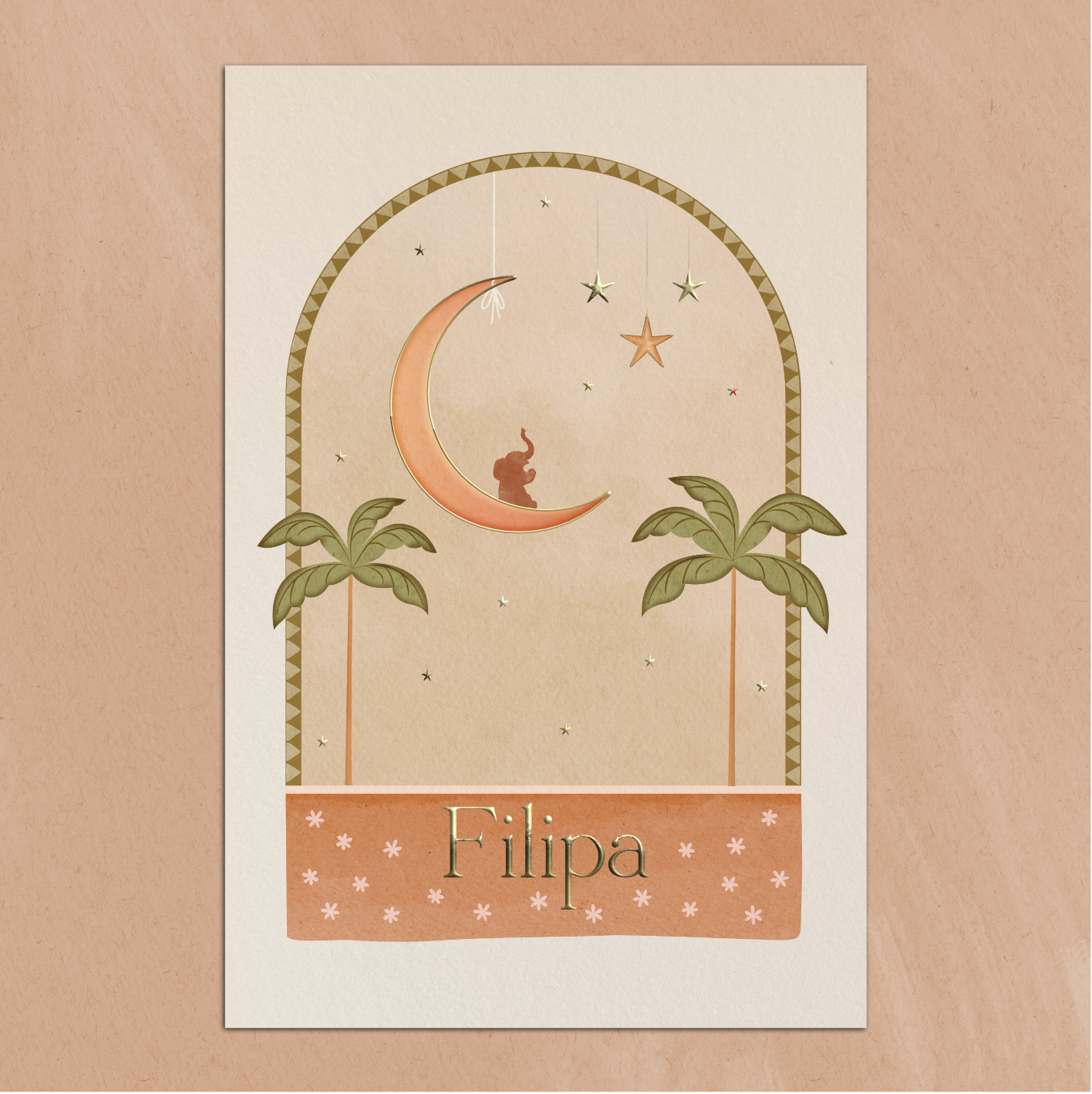 Geboortekaartje Boog Olifantje op Maan Sterren in Terra Kleuren