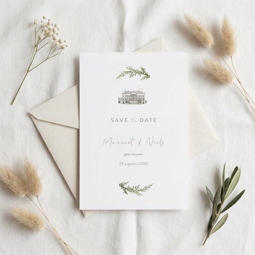 Chique Save the Date kaart trouwlocatie Parc Broekhuizen