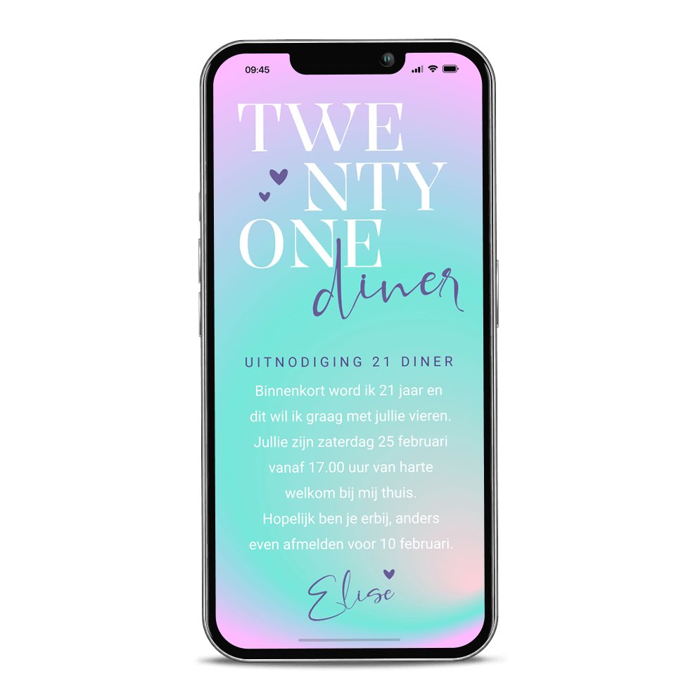 Kleurrijke digitale uitnodiging 21 diner party verjaardag