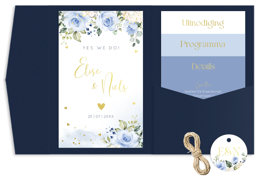 Pocketfold trouwkaart bloemen blauw goudfolie meerdere kaartjes