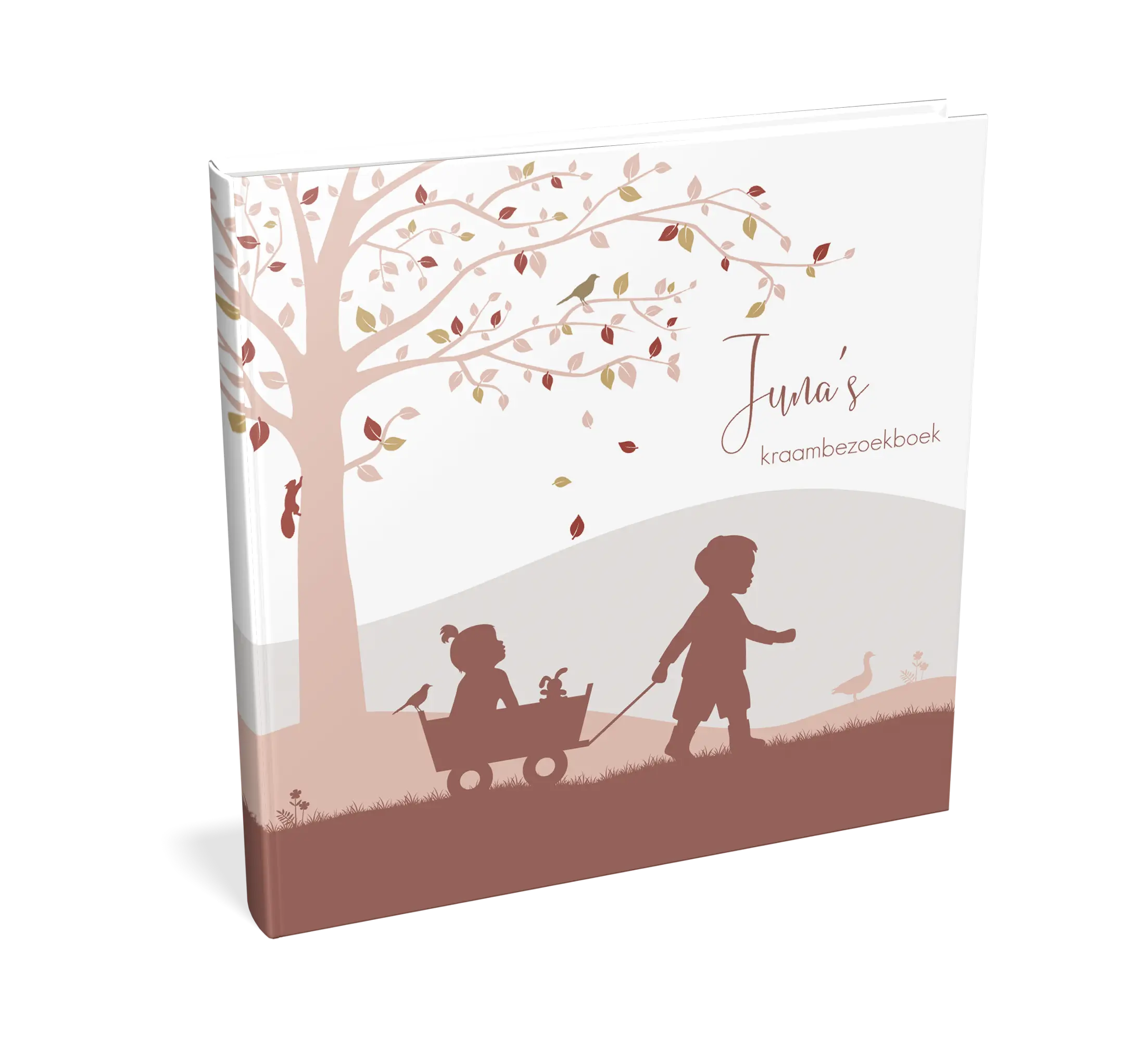 Kraambezoekboek met silhouetjes van broer met zusje in herfstlandschap