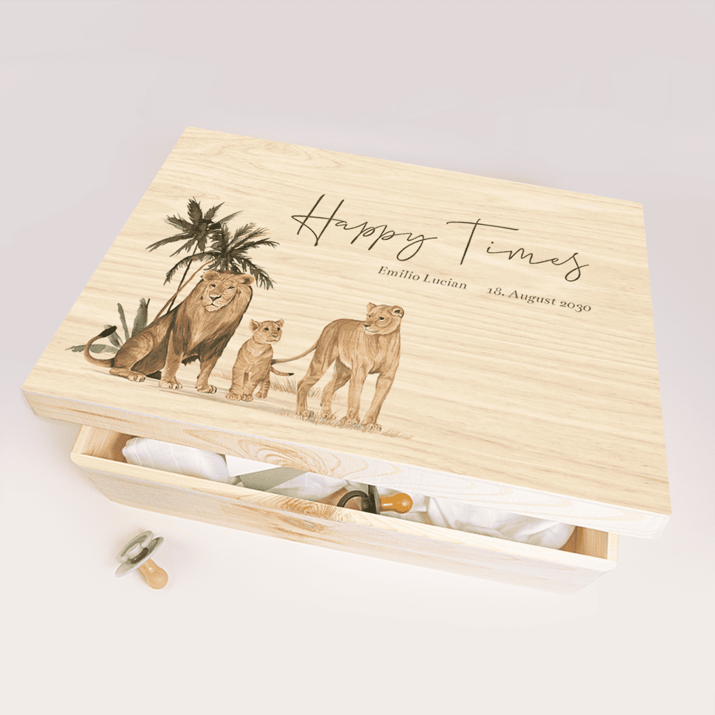 Erinnerungskiste als Geschenk zur Geburt Löwenfamilie