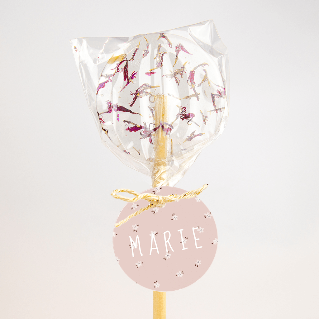 Roze rond labeltje met bloemetjes - 16 stuks