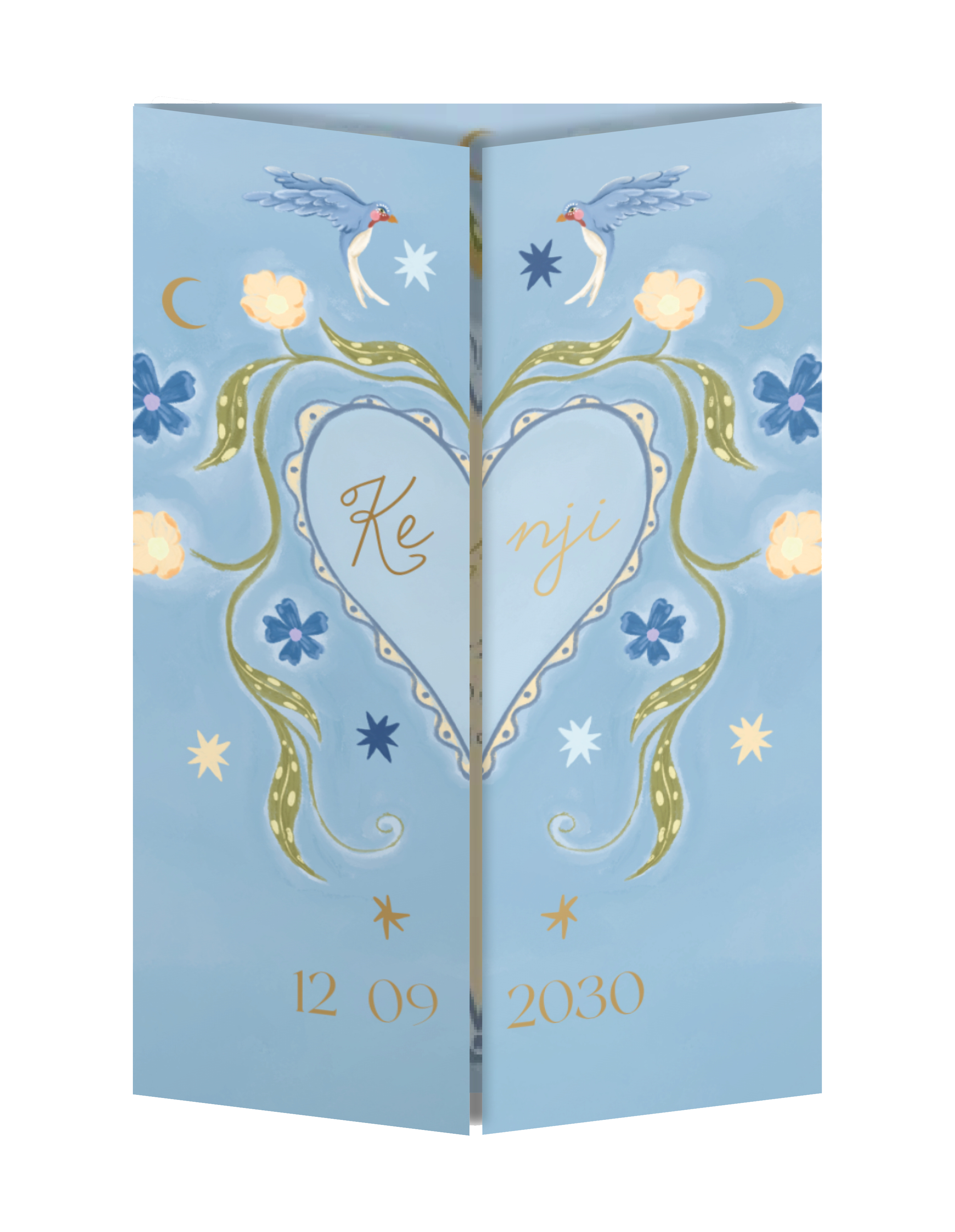 Geboortekaartje hart en bloemen blauw