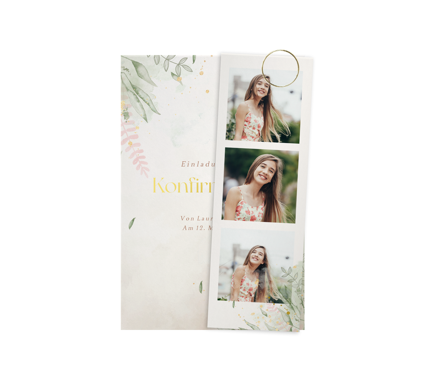 Stilvolle Einladung zur Kommunion mit Zweigen und Fotostreifen