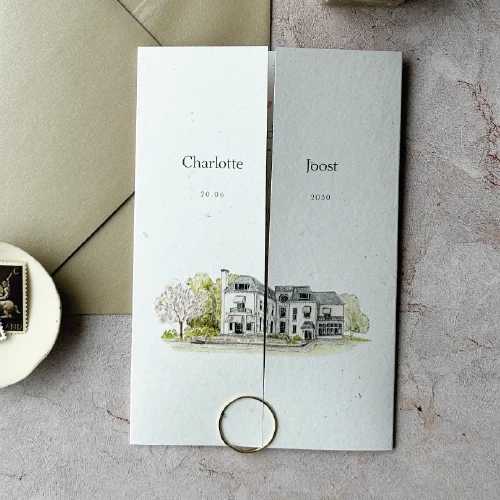 Luikvouw trouwkaart met illustratie trouwlocatie en gevlekte achtergrond