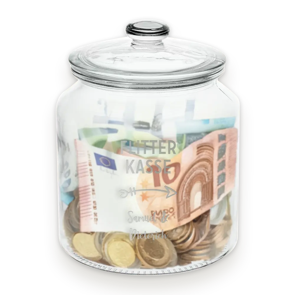 Geldgeschenk Bonbonglas mit Gravur für Hochzeit Flitterkasse